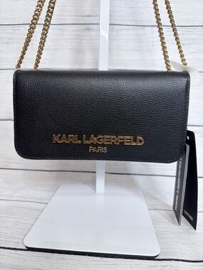 Karl Lagerfeld Black Leather Crossbody with Gold Chain